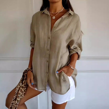 Comstylish Casual Single Breasted Pleated Lapel Solid Color Cotton Linen Shirt