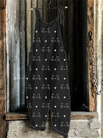 Cute Cat Face Printed Linen Blend Casual Jumpsuit elevenforest