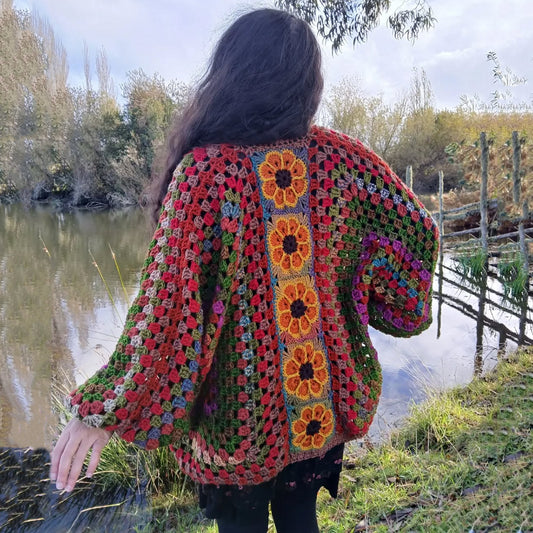 Comstylish Women's Floral Patchwork Art Cozy Knit Sweater Cardigan