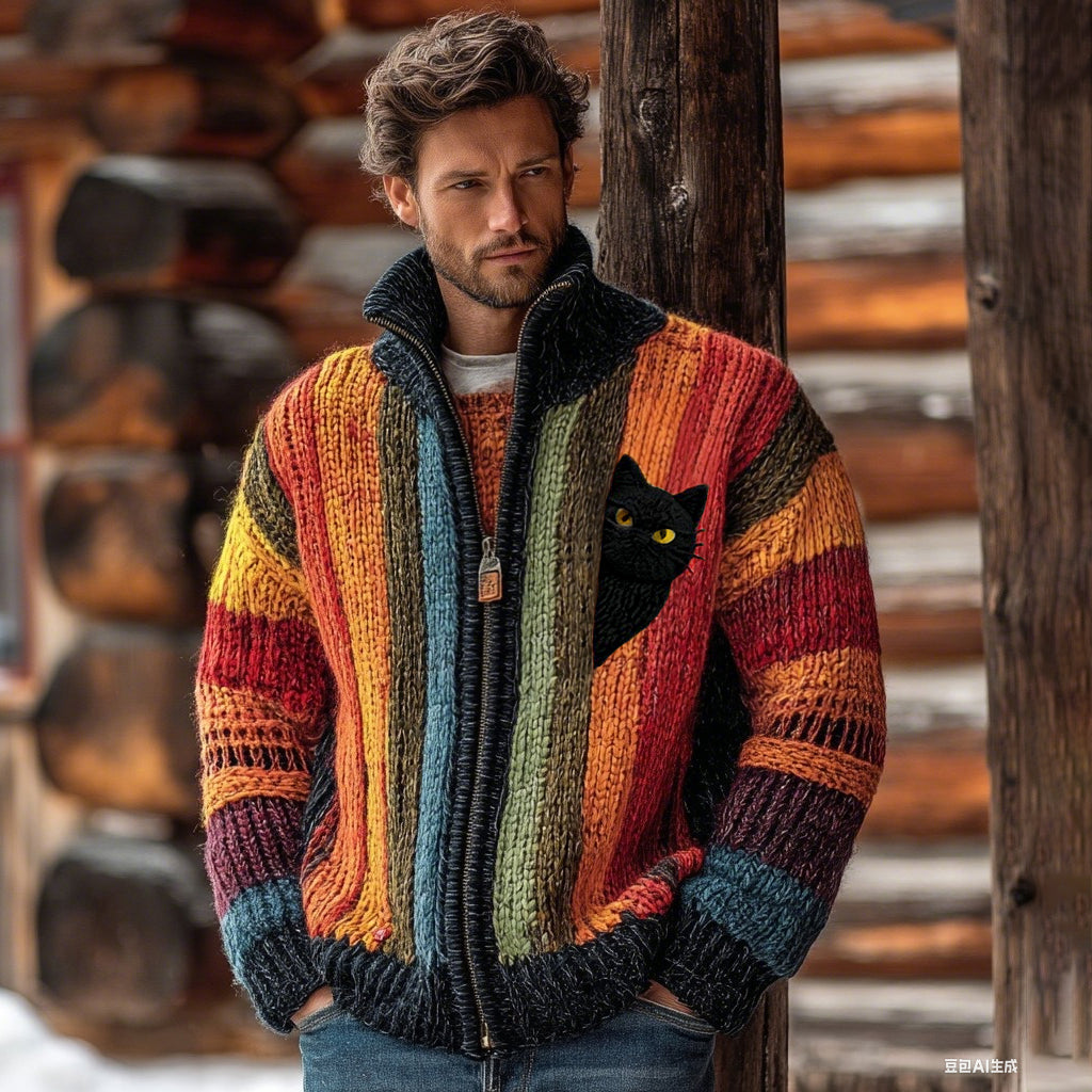 Men's Cute Black Cat Hiding In Stripes Color Block Jacquard Zipper Up Knitted Cardigan artswardrobe