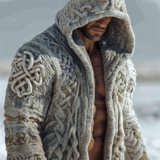 Men's Vintage Viking Celtic Knot Chunky Cozy Hooded Cardigan artswardrobe