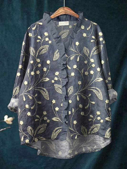 Elegant Lace Floral Embroidered Linen Blend Shirt artswardrobe