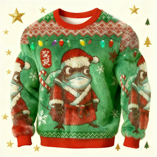 Comstylish Men's Funny Frog Santa Meme Christmas Ugly Plush Sweatshirt