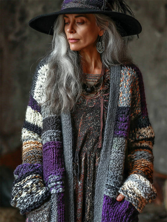 Halloween Witch Inspired Geometric Colorblock Cozy Chunky Cardigan elevenforest