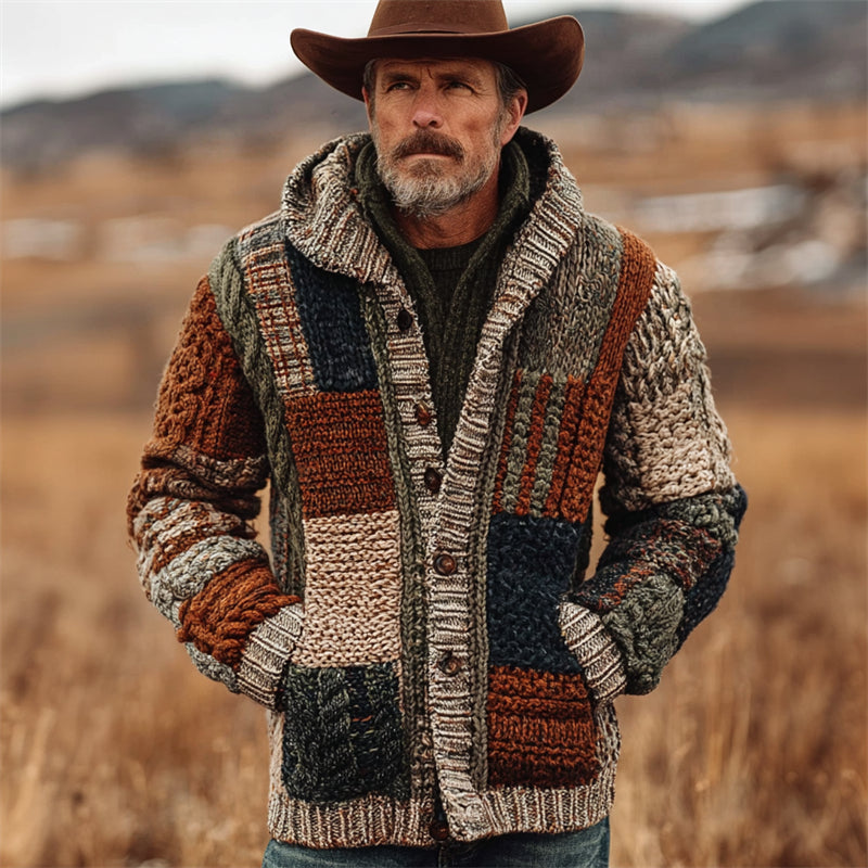 Men's Vintage Western Plaid Colorblock Knit Hooded Cardigan artswardrobe