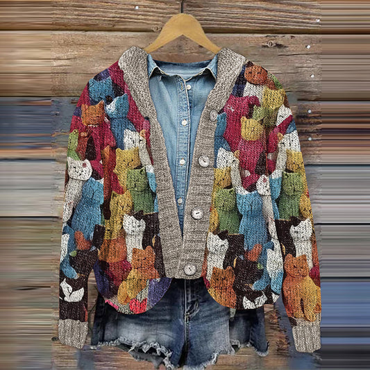 Vintage Cute Colorful Cat Knit Pattern Women's Cardigan elevenforest