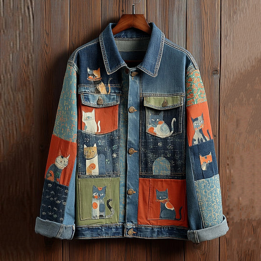 Women's Cute Sashiko Embroidery Patchwork Cat Denim Jacket elevenforest
