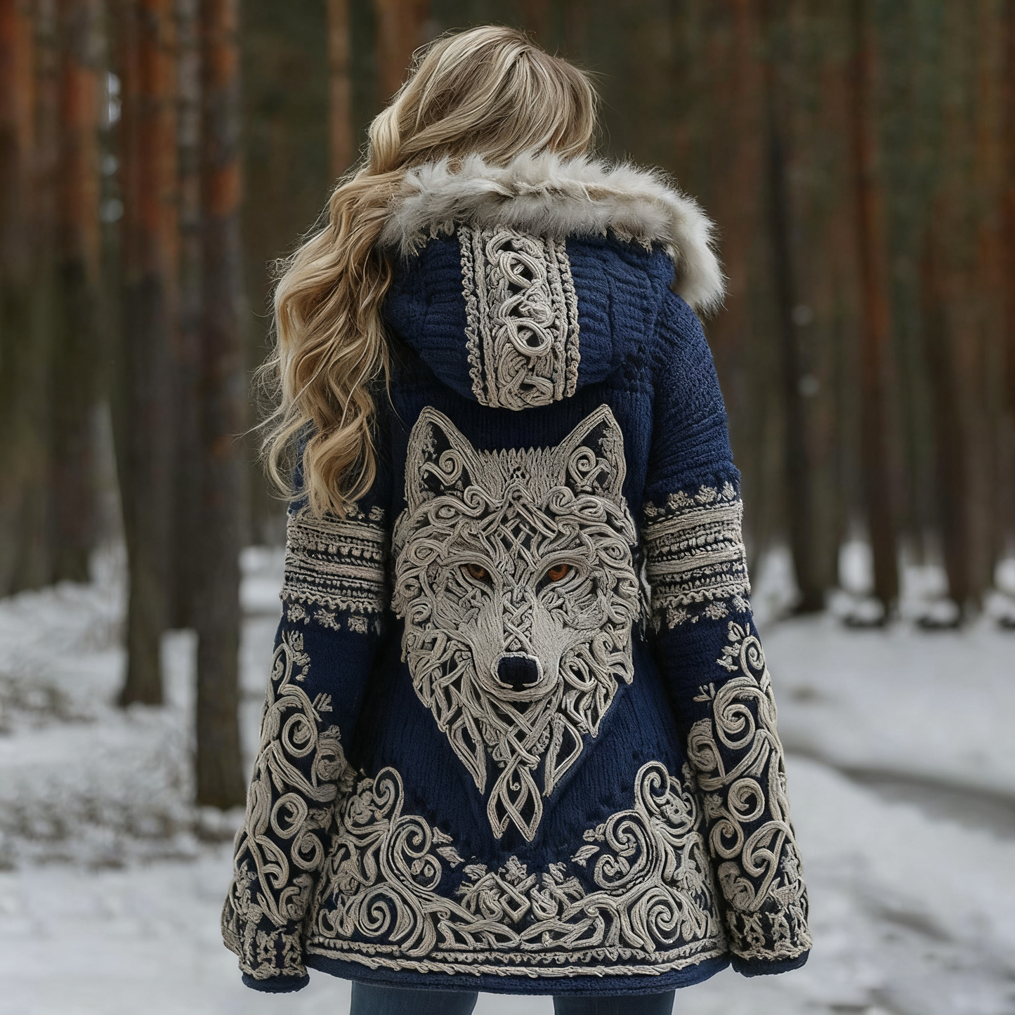 Women Viking Wolf Celtic Knot Art Cozy Fur Collar Hooded Cardigan artswardrobe