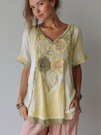 Women's Vintage Floral Color Block Linen Short Sleeve T-shirt artswardrobe