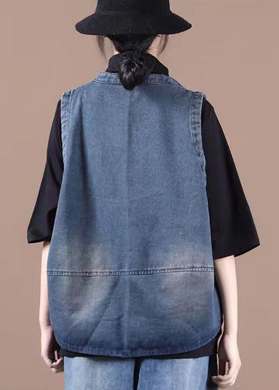 Chaleco vaquero azul elegante con botones, bolsillos y patchwork, otoño
