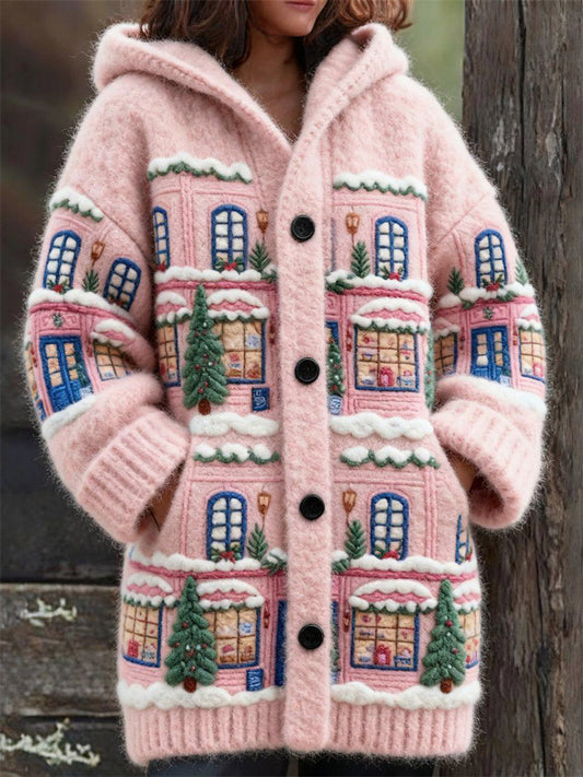 Christmas Snowy Street Felt Embroidered Cozy Hooded Cardigan