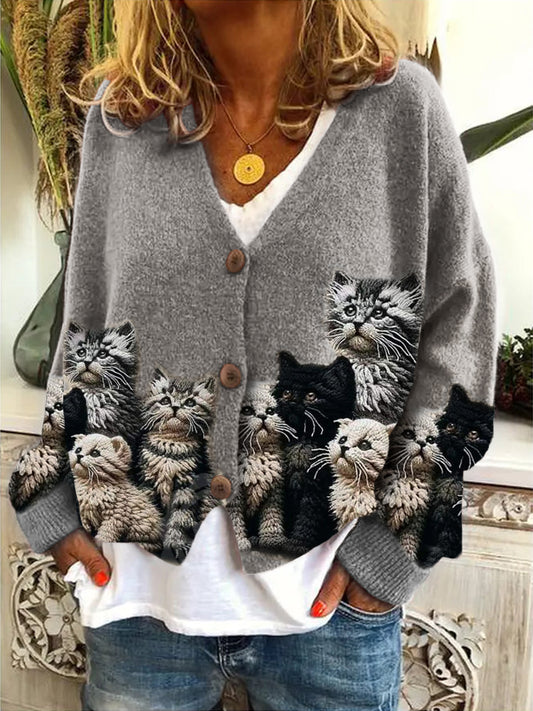 Comstylish Fuzzy Cats Crochet Art V Neck Cozy Knit Cardigan