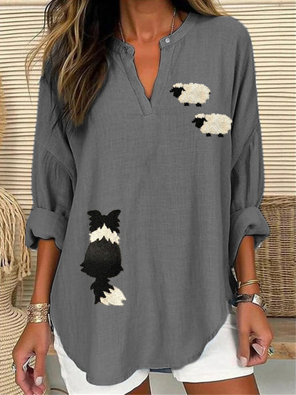 Comstylish Border Collie & Sheep Embroidered Linen Blend Tunic
