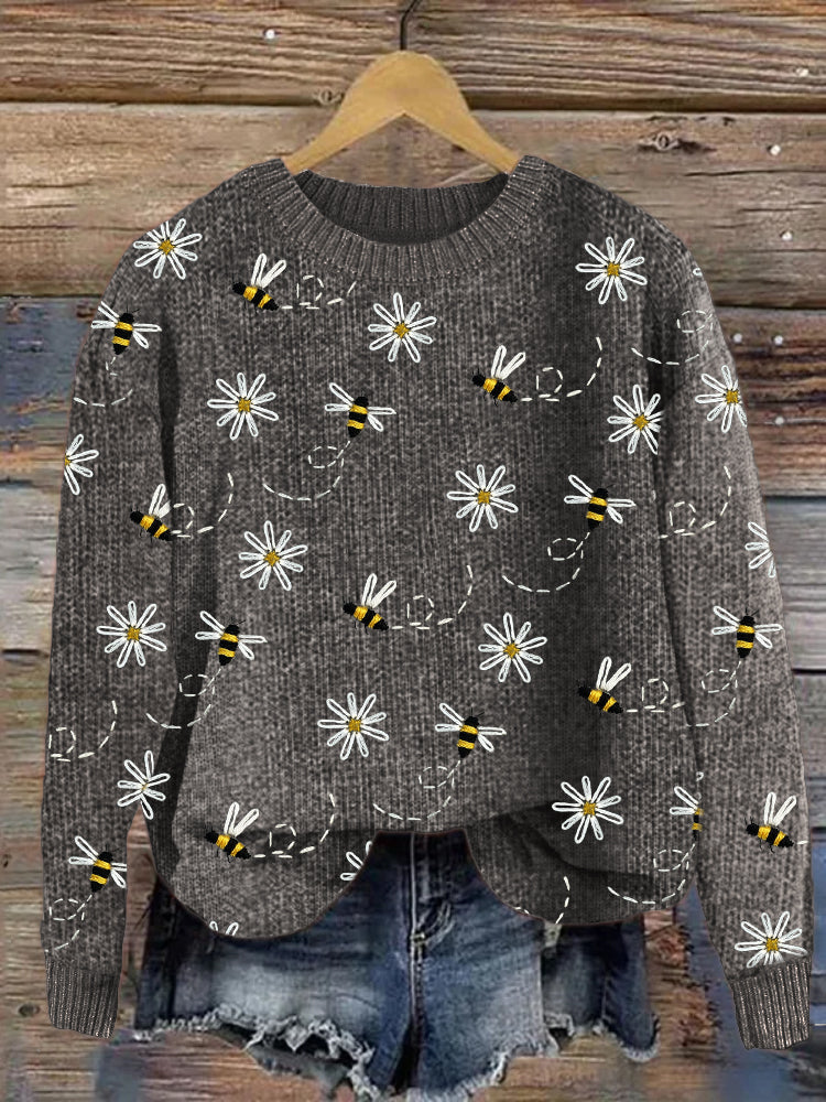 Jersey de punto con bordado de margaritas y abejas