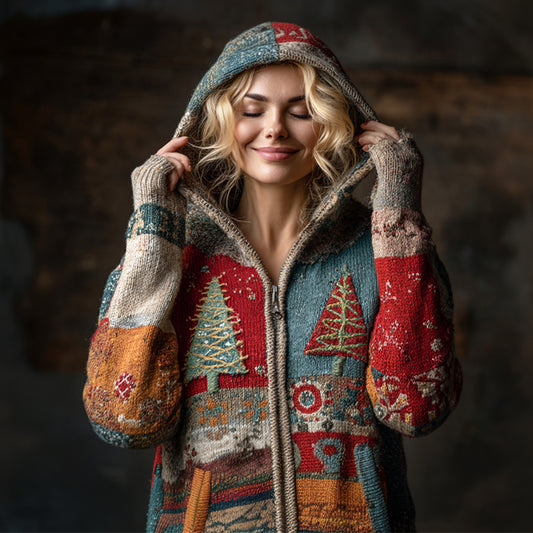 Vintage Christmas Tree Patchwork Women's Knit Hooded Zipper Sweater artswardrobe