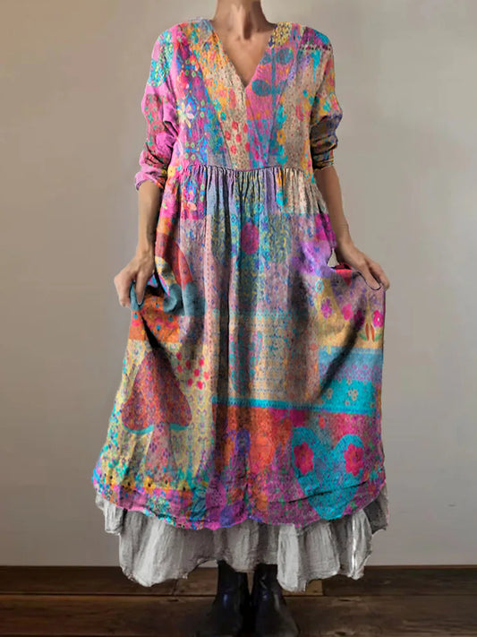 Women's Bohemian Floral Collage Art Pattern Print V-Neck Pocket Cotton