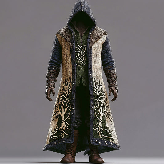 Men's Viking Contrast Color Tree Of Life Embroidered Knit Hooded Coat artswardrobe