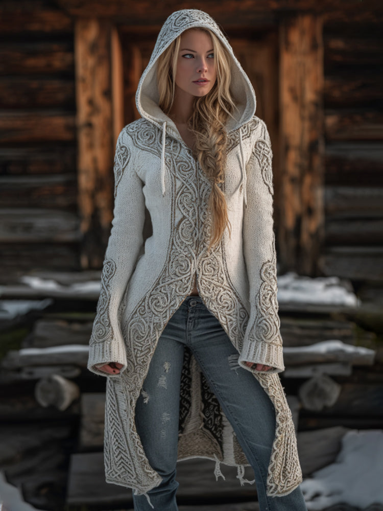 Viking Style Celtic Knot White Cardigan Hooded Sweater artswardrobe