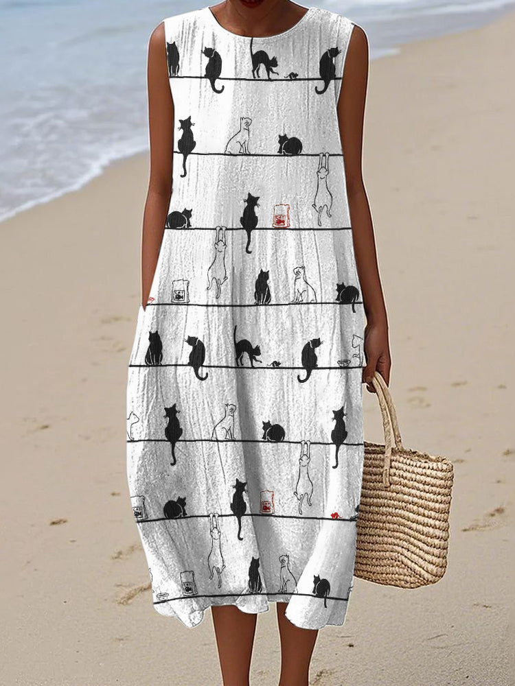 Black Cats Geometric Striped Linen Tank Dress