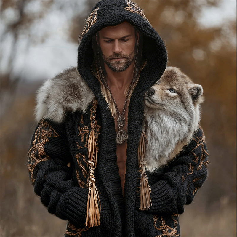 Men's Vintage Western Wild Wolf Chunky Hooded Cardigan artswardrobe