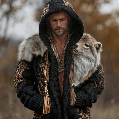 Men's Vintage Western Wild Wolf Chunky Hooded Cardigan artswardrobe