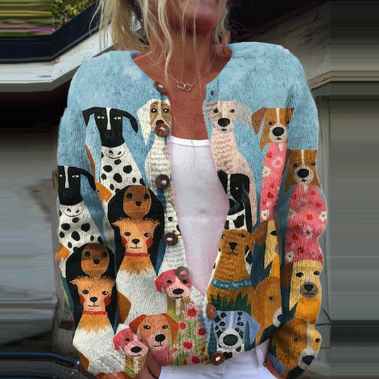 Comstylish Dog Print Casual Knitted Cardigan