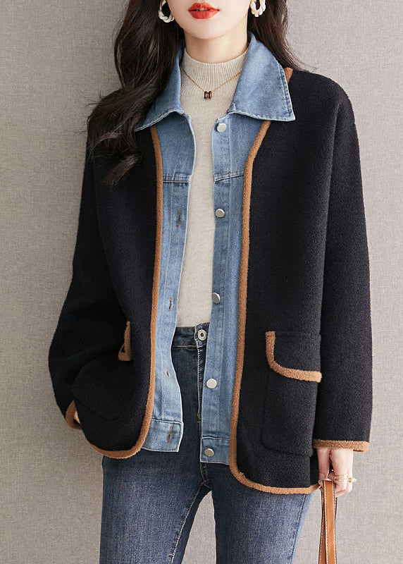 Abrigo de lana negro único con cuello bebé, patchwork vaquero, con look de dos piezas, otoño