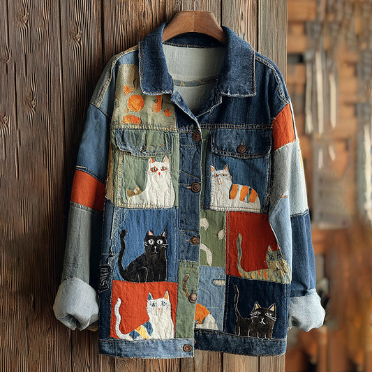 Comstylish Women's Casual Cute Patchwork Cat Pattern Pocket Denim Jacket