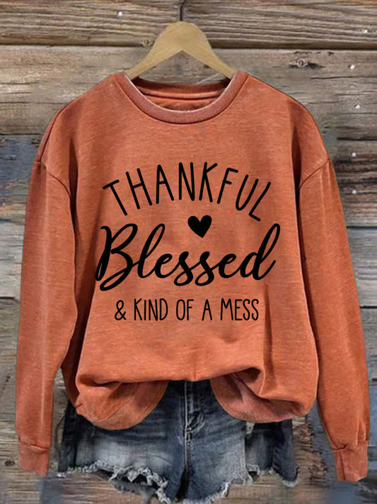 Comstylish Women's Thankful Blessed & Kind Of A Mess Print Casual Sweatshirt