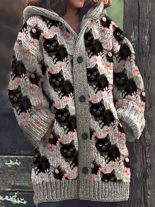 Colorful Cat Pattern Cozy Hooded Cardigan elevenforest