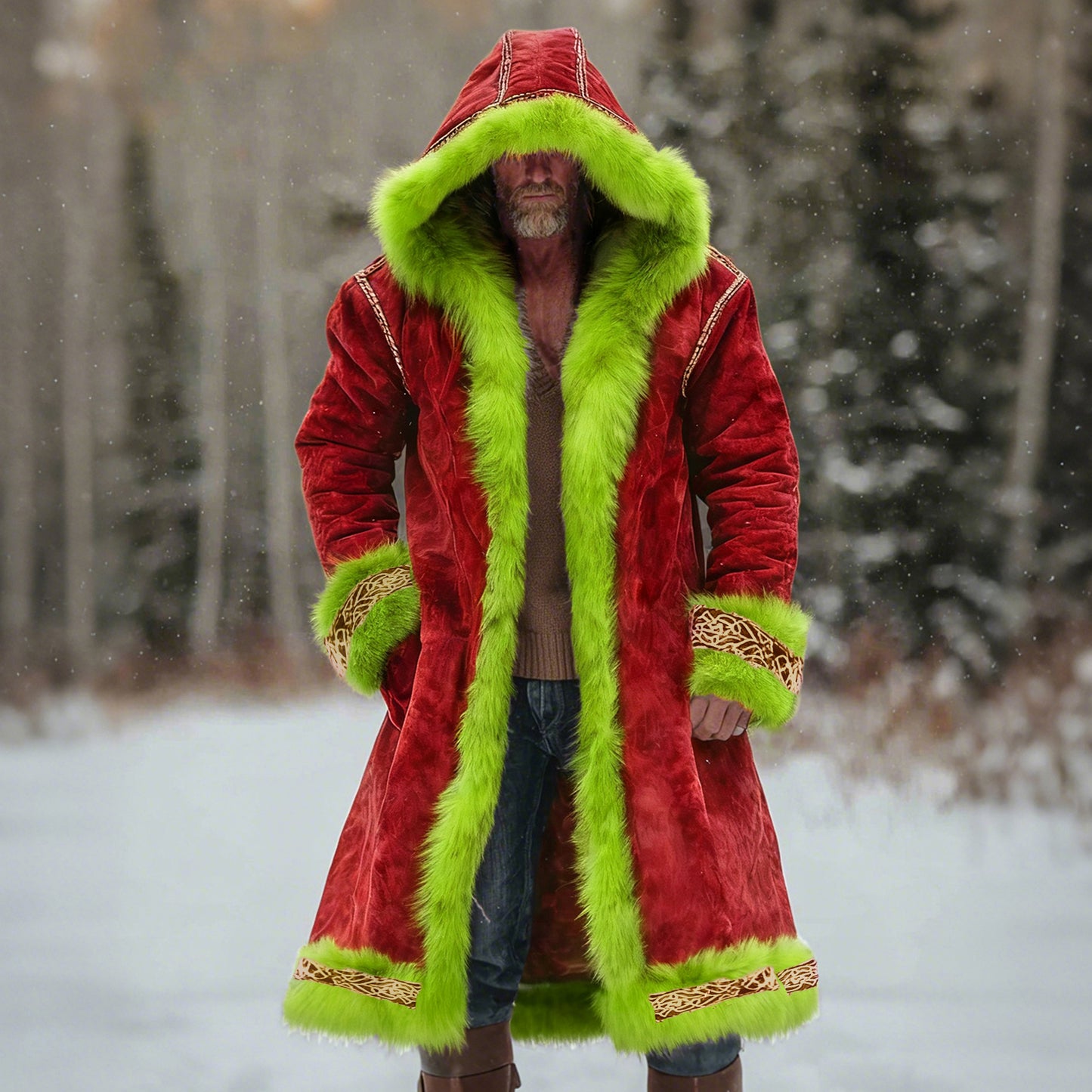 Comstylish Men's Christmas Santa Outfit Fuzzy Velvet Hooded Coat