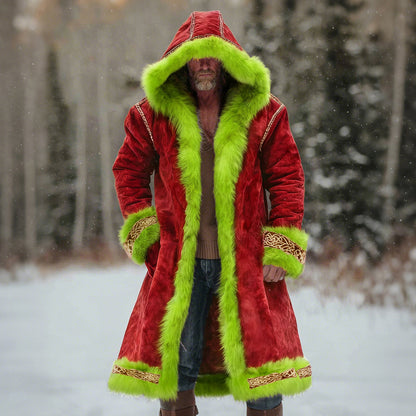 Comstylish Men's Christmas Santa Outfit Fuzzy Velvet Hooded Coat