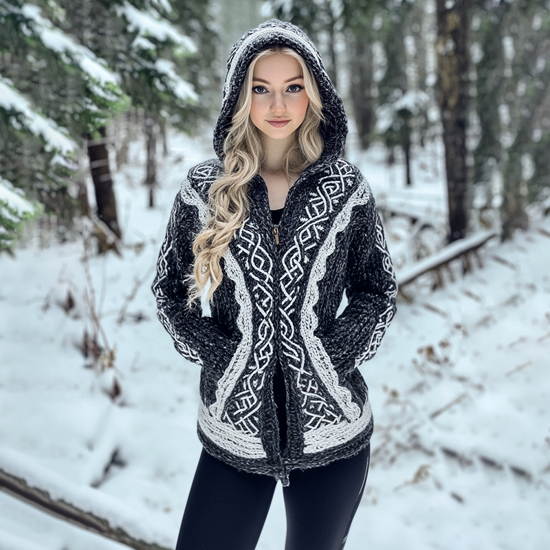 Women's Vintage Celtic Knot Jacquard Cozy Knit Hooded Cardigan elevenforest