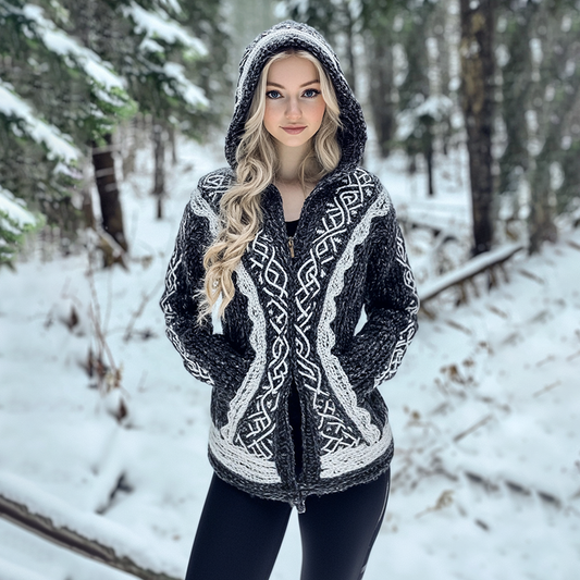 Women's Vintage Celtic Knot Jacquard Cozy Knit Hooded Cardigan elevenforest