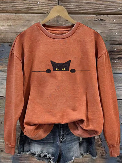 Comstylish Women's Casual Funny Black Cat Print Sweatshirt