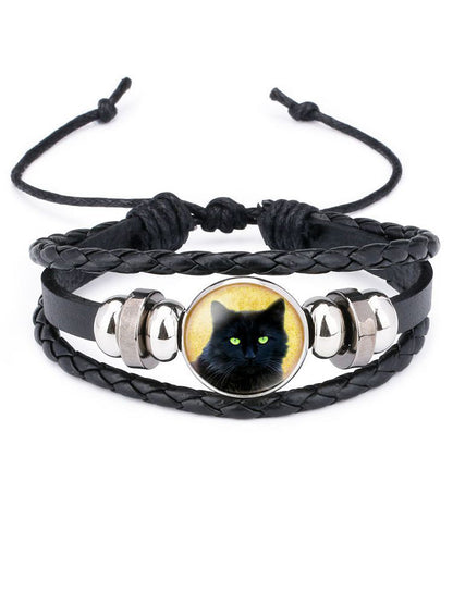 Black Cat Beaded Leather Woven Bracelet elevenforest