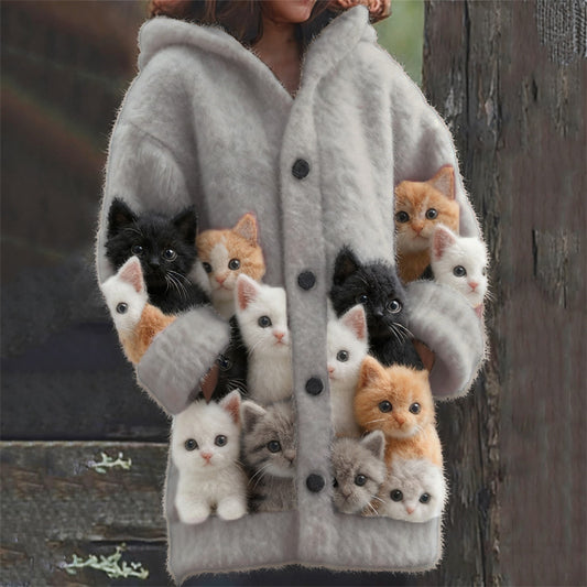 Lovely Fuzzy Cats Cozy Knit Hooded Cardigan elevenforest