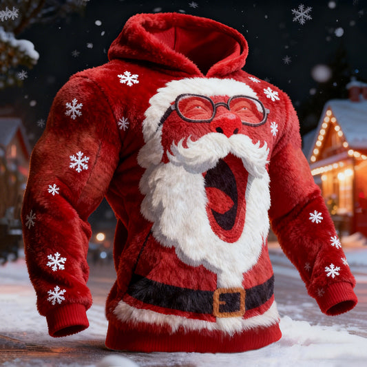 Comstylish Men's Fun Angry Santa Claus Snowflake Pattern Plush Hoodie