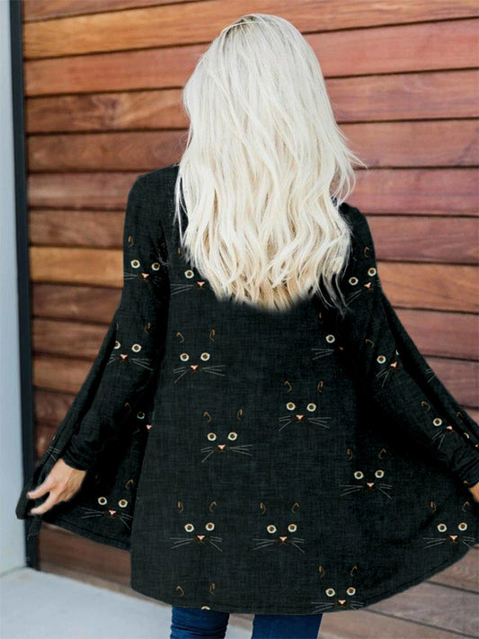 Cute Cat Face Pattern Casual Flowy Cardigan elevenforest