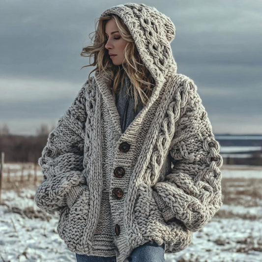 Women's Fair Isle Chunky Knit Warm Button-down Hooded Cardigan elevenforest