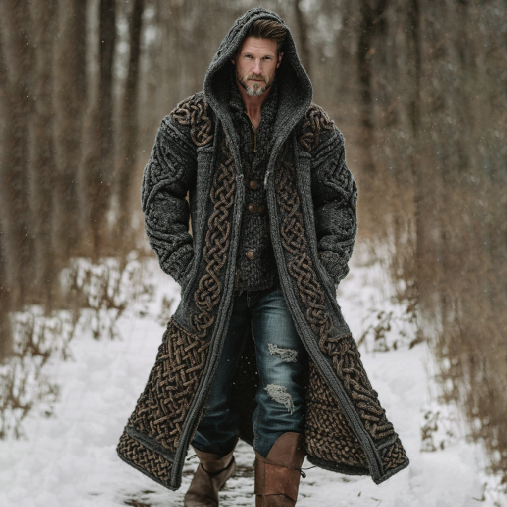 Men's Viking Celtic Knot Art Mid-length Chunky Knit Cardigan Sweater artswardrobe