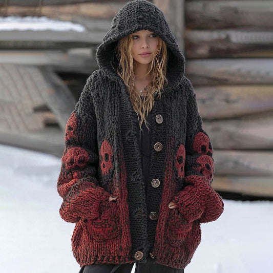 Women's Vintage Viking Tribal Celtic Skull Gradient Art Chunky Knit Hooded Cardigan elevenforest