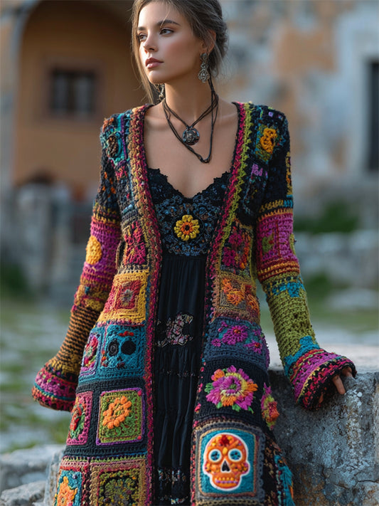 Day Of The Dead Sugar Skull Crochet Long Knit Cardigan elevenforest