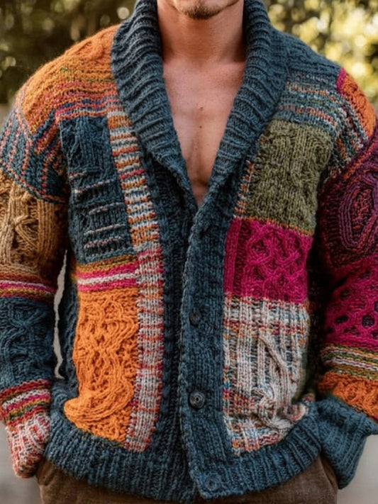 Men's Vintage Geometric Patchwork Chunky Knit Cardigan artswardrobe
