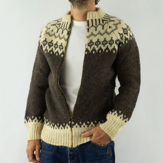Vintage Icelandic Brown And Cream Jacquard Pattern Men's Cardigan elevenforest