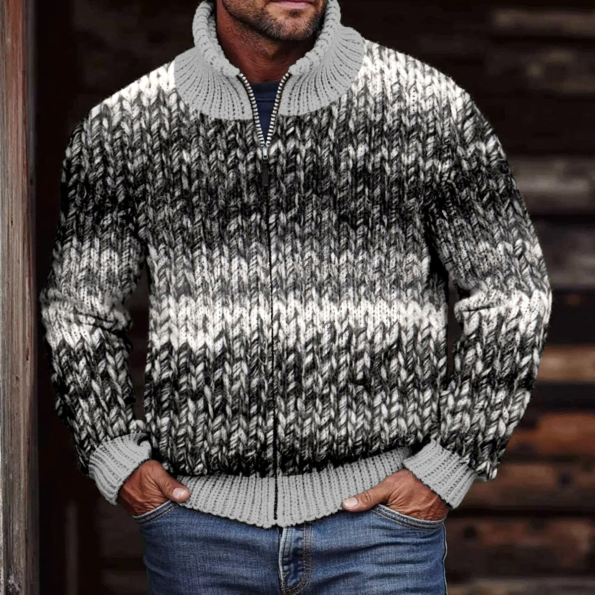 Men'S Retro Color Gradient Knit Comfort Zip-Up Cardigan elevenforest