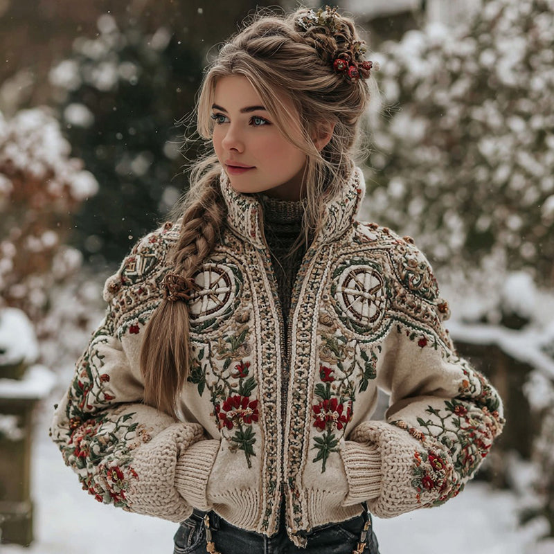 Comstylish Women's Vintage Ethnic Floral And Viking Vegvisir Art Zipper Cardigan