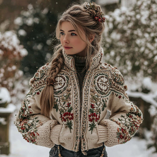 Comstylish Women's Vintage Ethnic Floral And Viking Vegvisir Art Zipper Cardigan