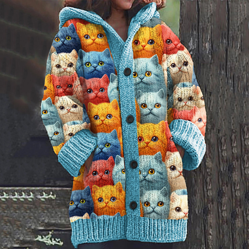 Vintage Cozy Family Cat Art Women's Sweater Hooded Cardigan elevenforest