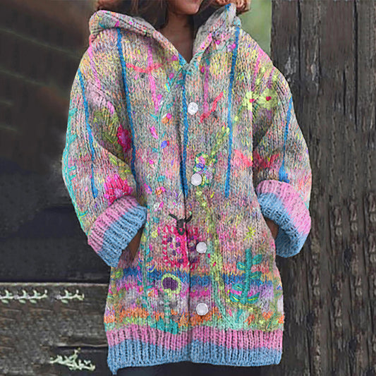 Vintage Floral Print Long Sleeve Knitted Hooded Cardigan elevenforest